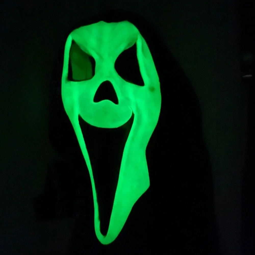 Vintage Ghostface Fun World Div Chin Stamp Scream Mask Hood Rare Smile Grin GLOW